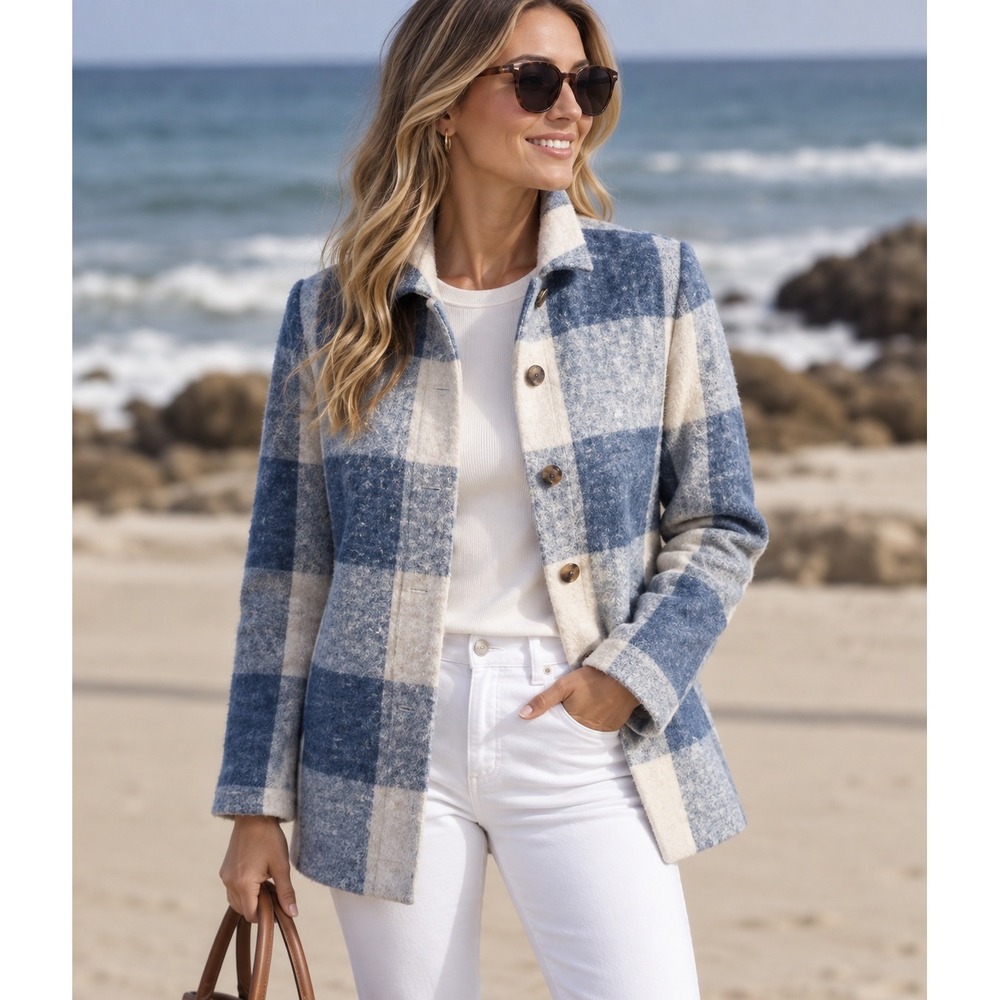 J McLaughlin Hester Buffalo Check Jacket Cream Blue Preppy Office Womens XS